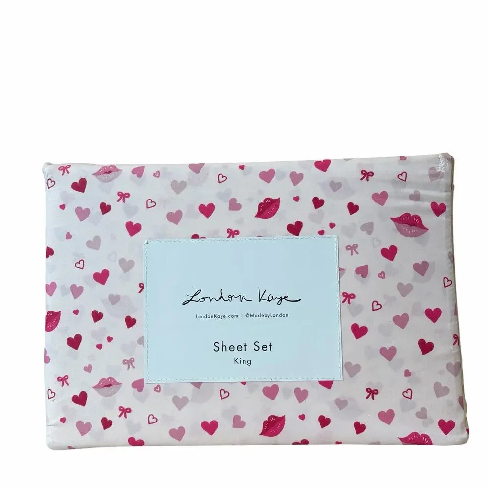 London Kaye Valentines Day KING Sheet Set 4pc Pink & Red Lips Hearts Bows XO NEW
